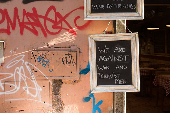 We are Against War and Tourist Men, Rome, Italy