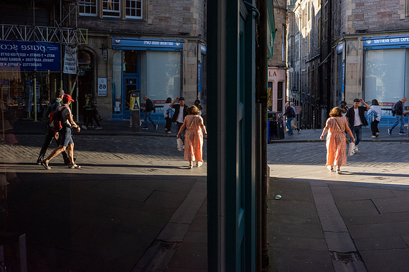 Woman in Peach, Doubled in Light, Edinburgh